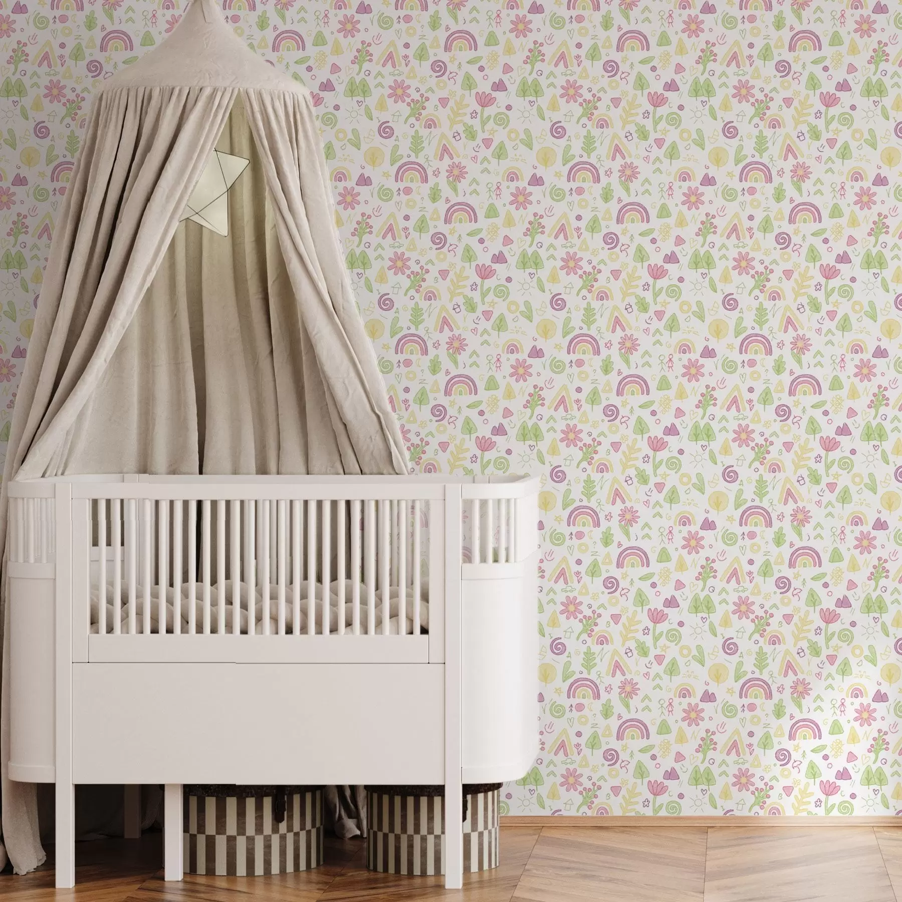 Fototapet Barnteckning med regnbågar, blommor och träd a00296