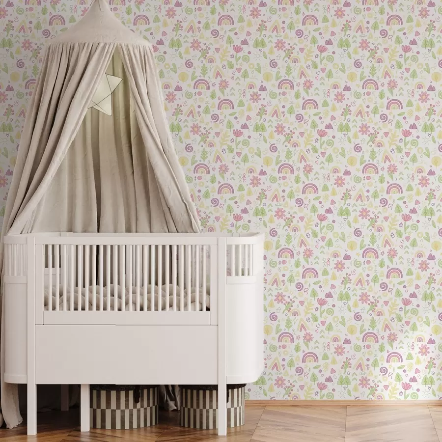 Fototapet Barnteckning med regnbågar, blommor och träd a00296