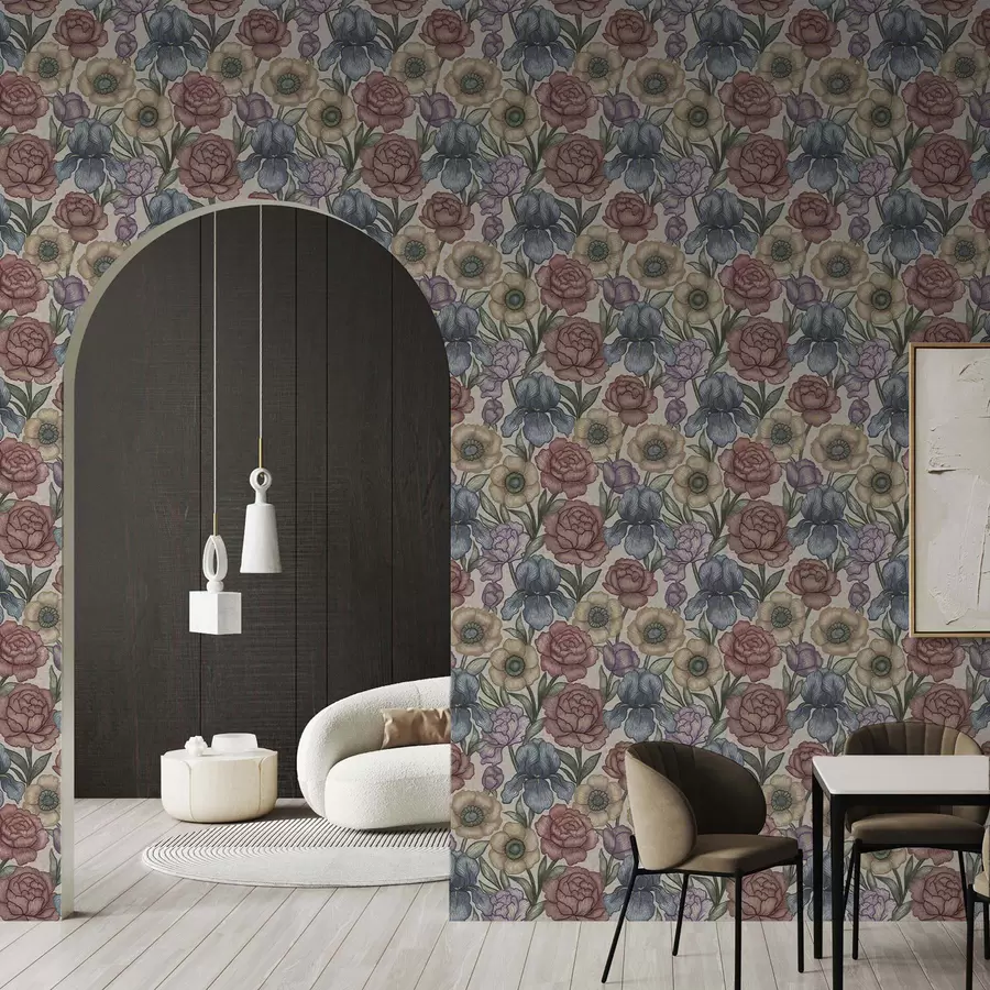 Fototapet Stora blomsterillustrationer med irisar och pioner a00325