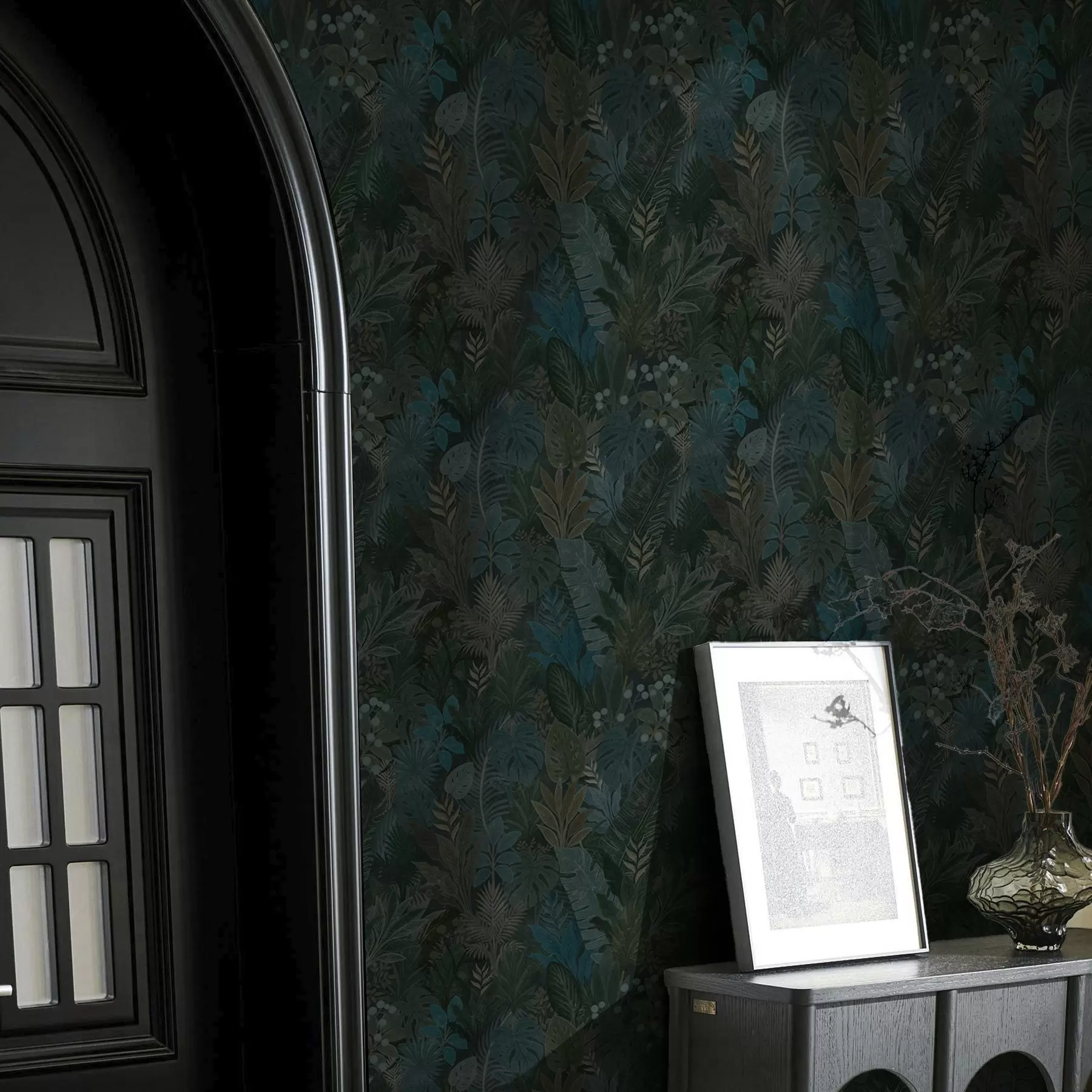 Fototapet Mörkgrönt tropiskt bladverk med blå accenter a00327