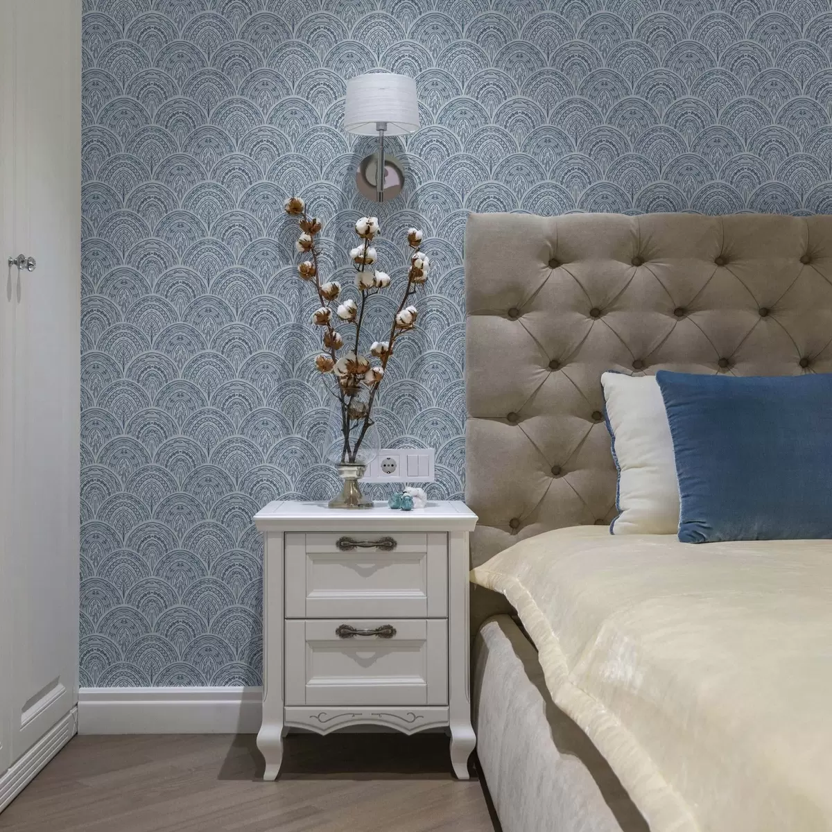 Bakgrund Blå prydnad med bågar och mönster a00332