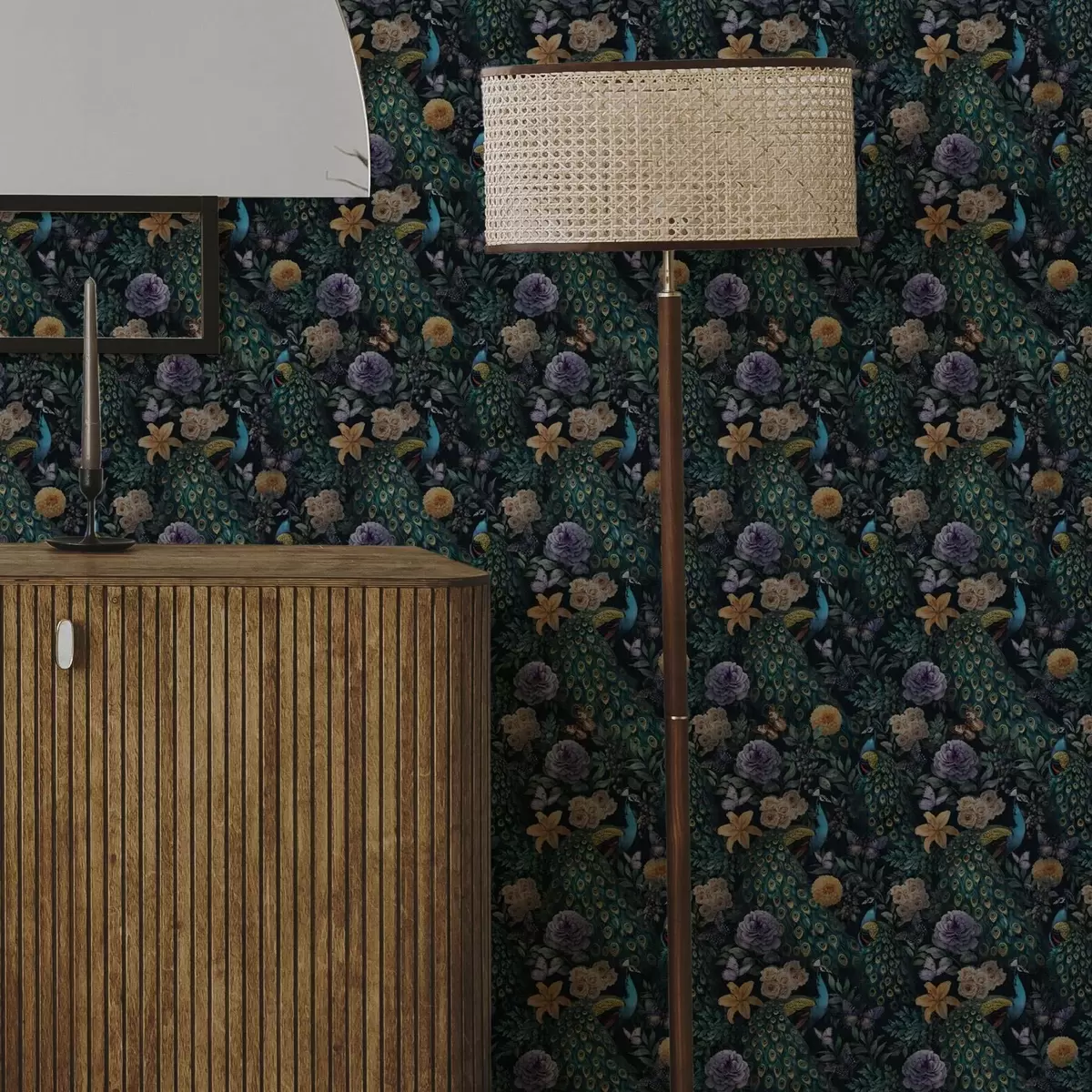 Bakgrund Påfåglar bland mörka blommor och fjärilar a00348