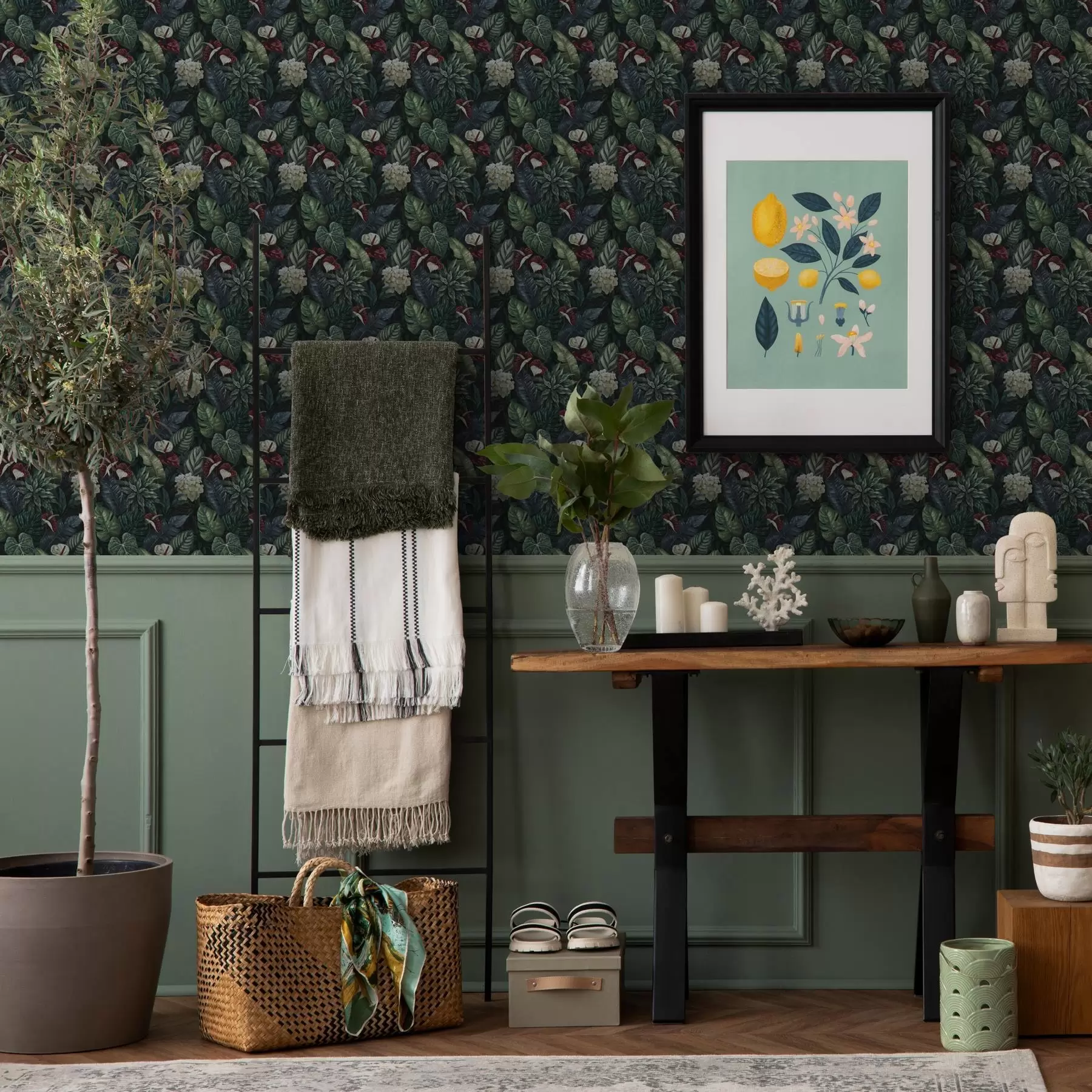 Fototapet Tropiska blad med vita och röda blommor a00361