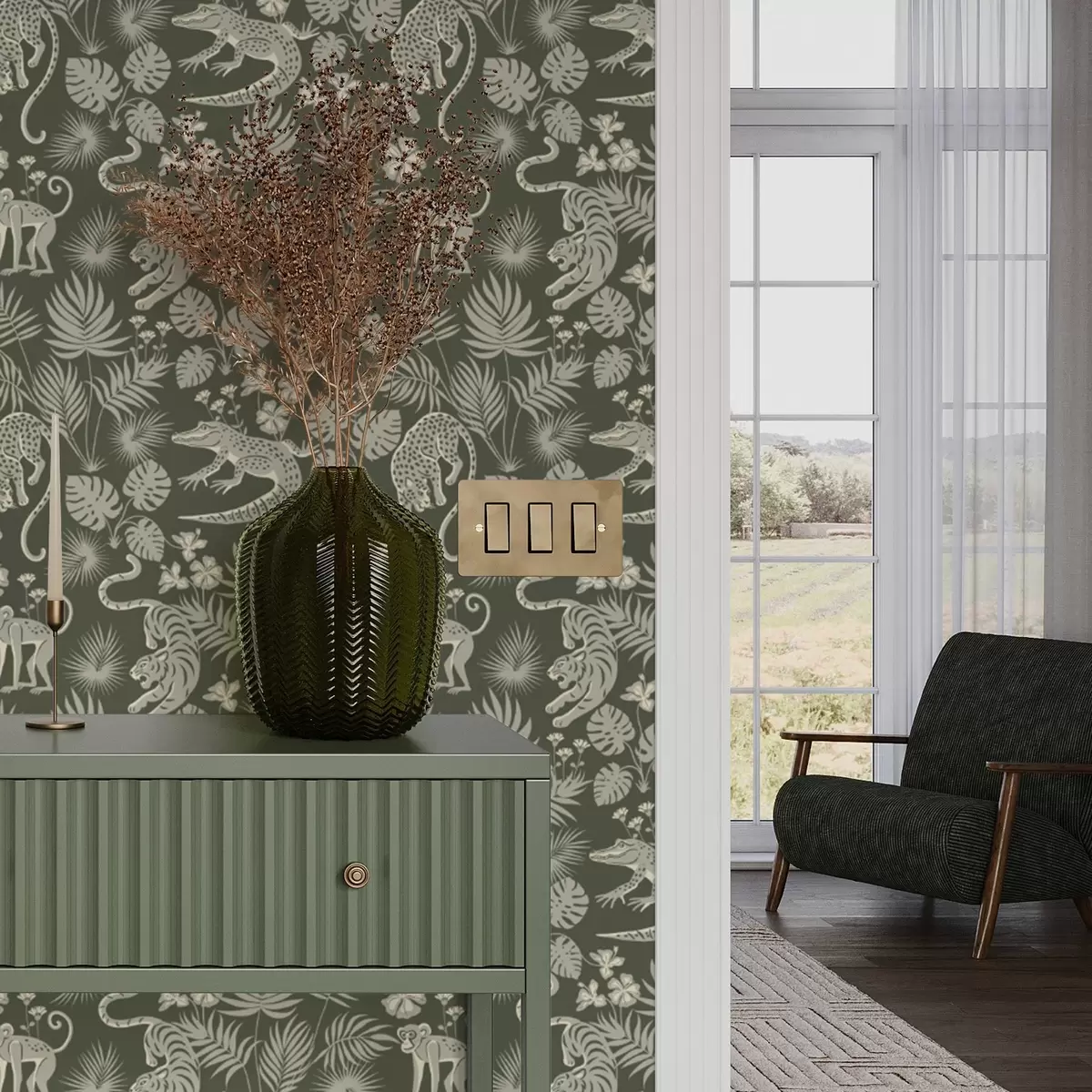 Bakgrund Silhuetter av vilda djur bland tropiska blad a00404