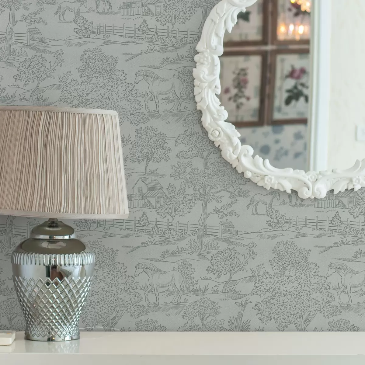 Bakgrund Grönt monokromt landskap med hästar och stugor a00407