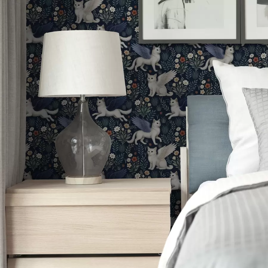 Fototapet Fantasikatter med vingar bland blommor a00408