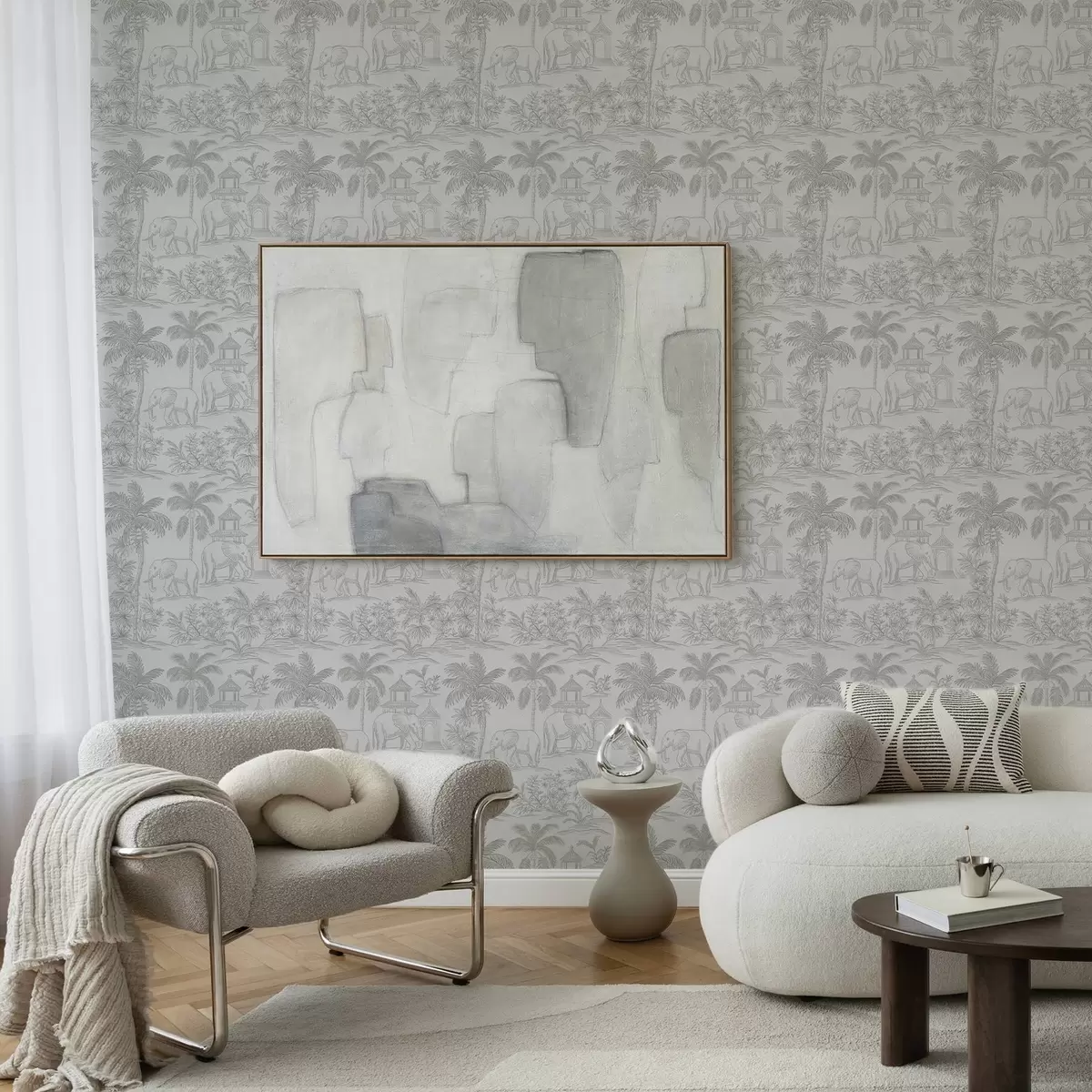 Bakgrund Monokroma elefanter och djungel i grafisk stil a00410