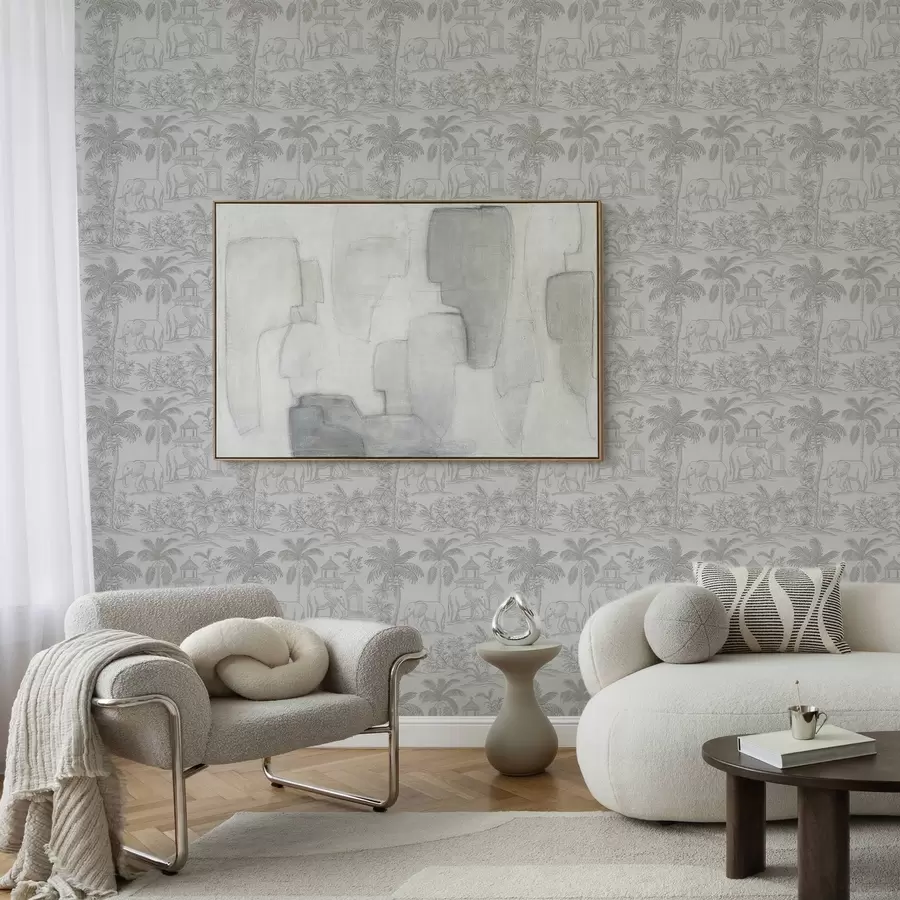 Fototapet Monokroma elefanter och djungel i grafisk stil a00410