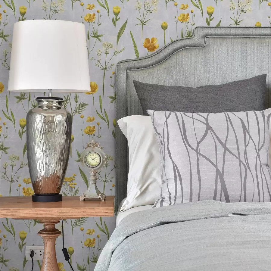 Fototapet Gula blommor och grönska på en ljusgrå bakgrund a00472