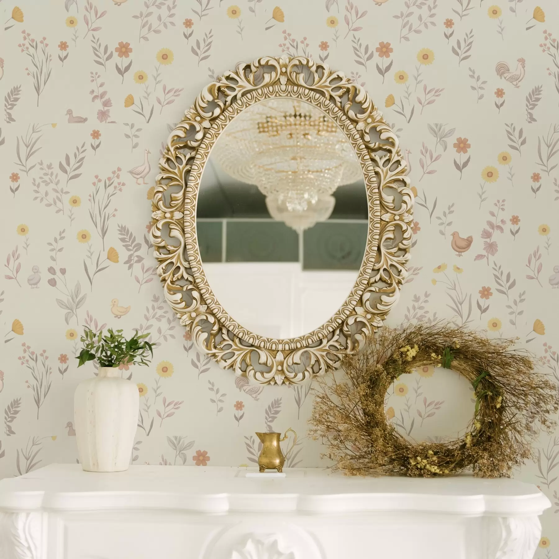 Fototapet Fältblommor och kycklingar i mjuka pastellfärger a00478