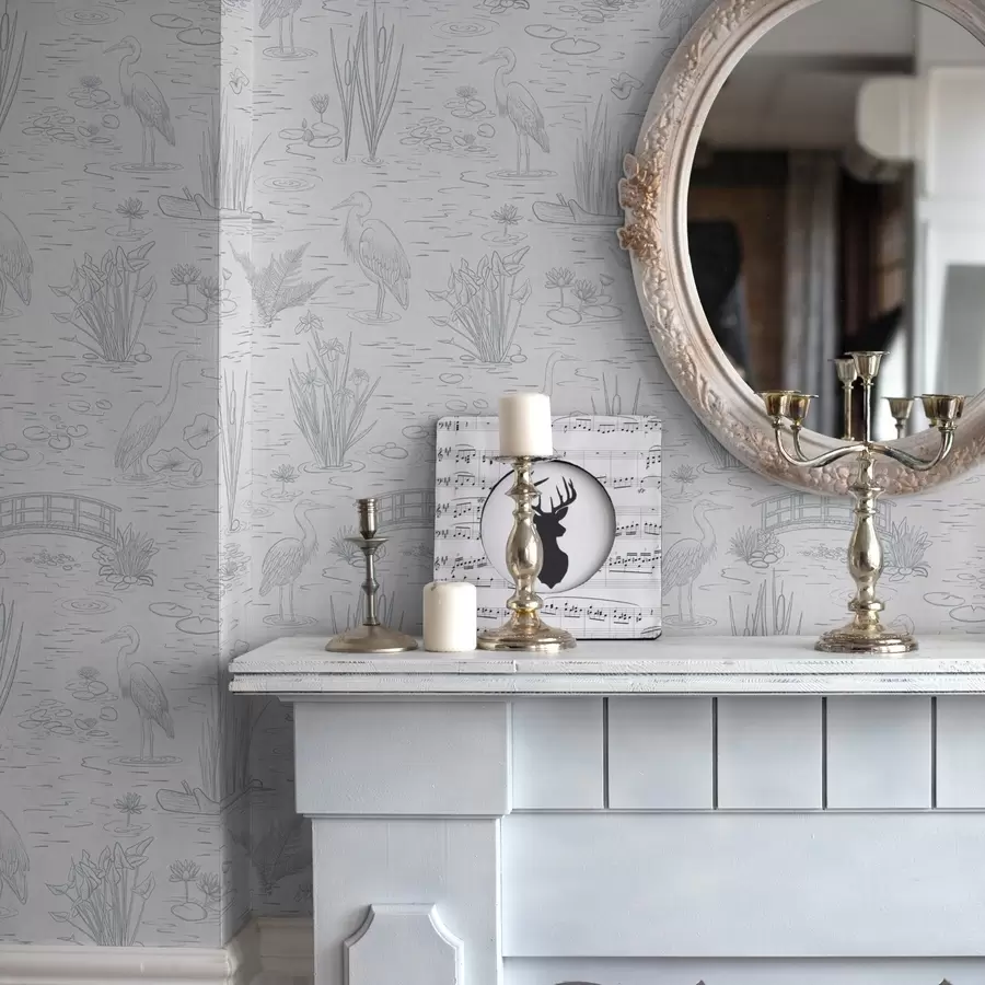 Fototapet Teckning av hägrar och vattenväxter i lugna grå nyanser a00479