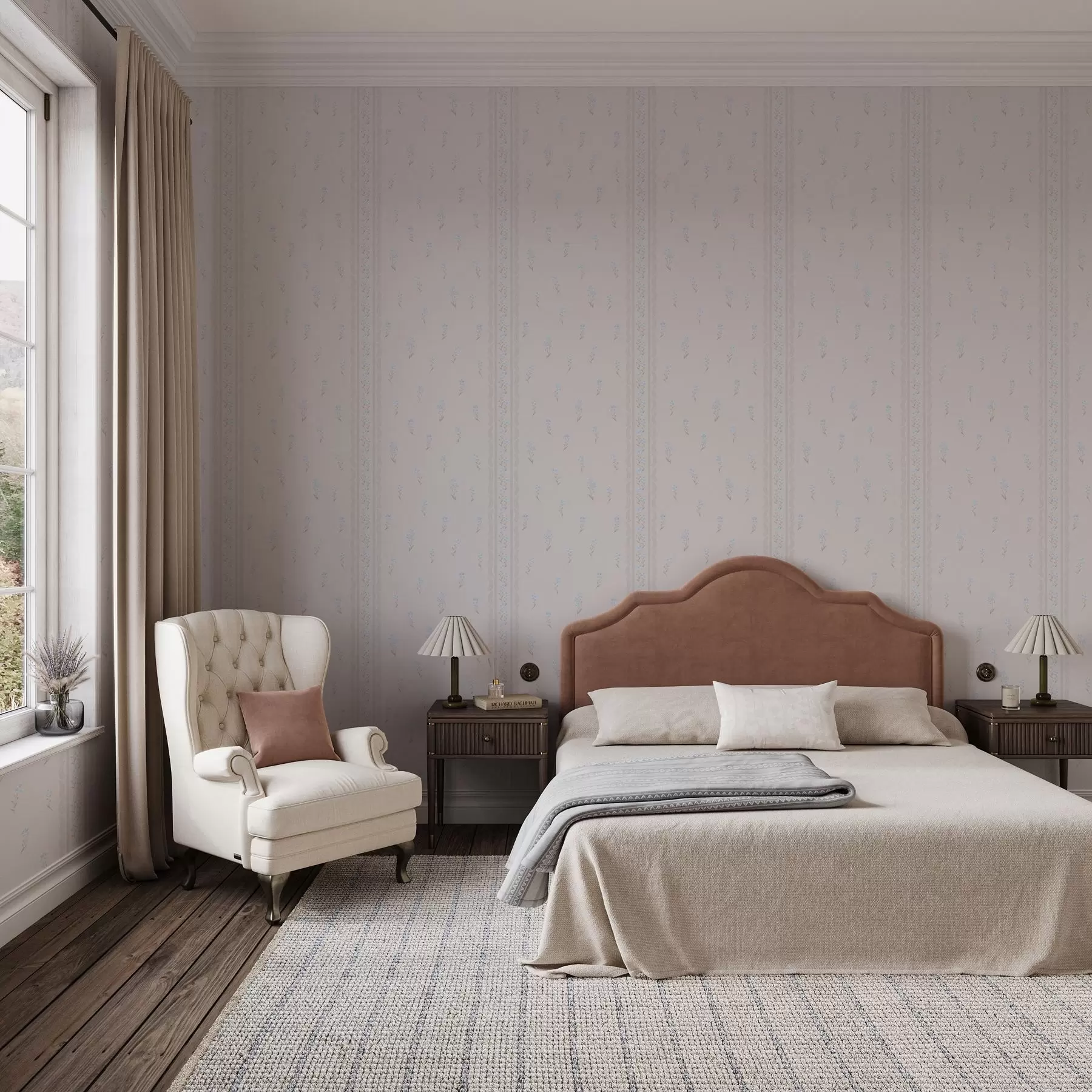 Fototapet Rosa bakgrund med skira blå blommor och bård a00484