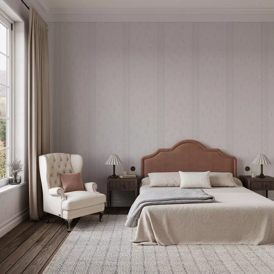 Fototapet Rosa bakgrund med skira blå blommor och bård a00484