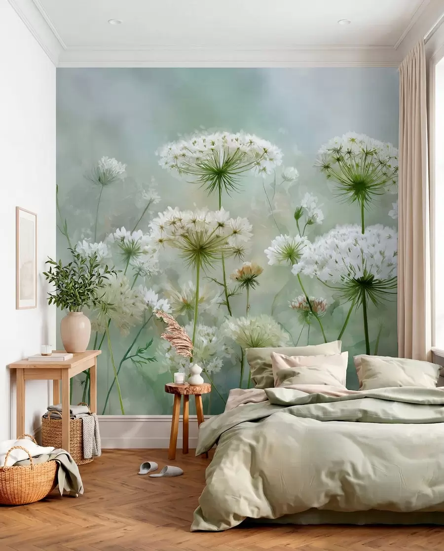 Fototapet skira vita vildblommor Queen Anne, i en pittoresk stil, gröna toner w04313