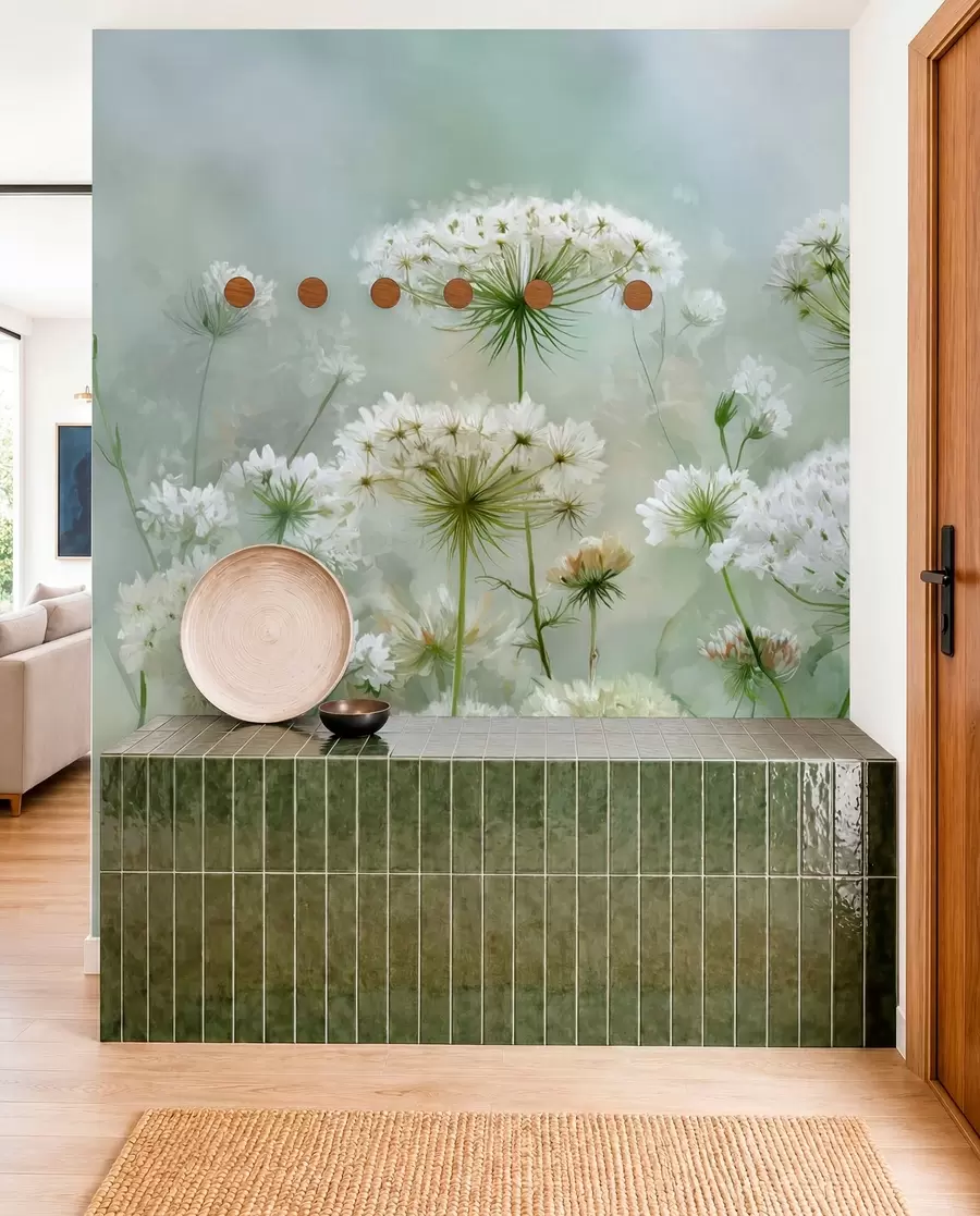 Fototapet skira vita vildblommor Queen Anne, i en pittoresk stil, gröna toner w04313