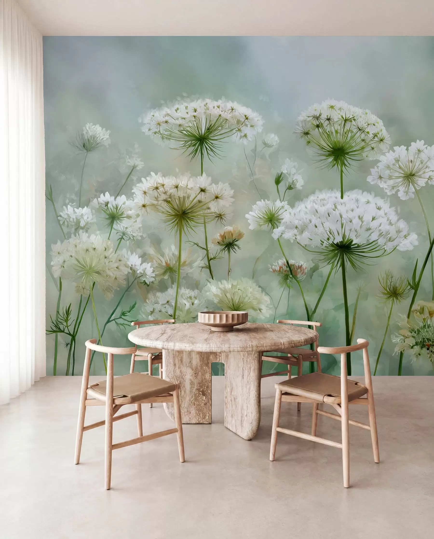 Fototapet skira vita vildblommor Queen Anne, i en pittoresk stil, gröna toner w04313