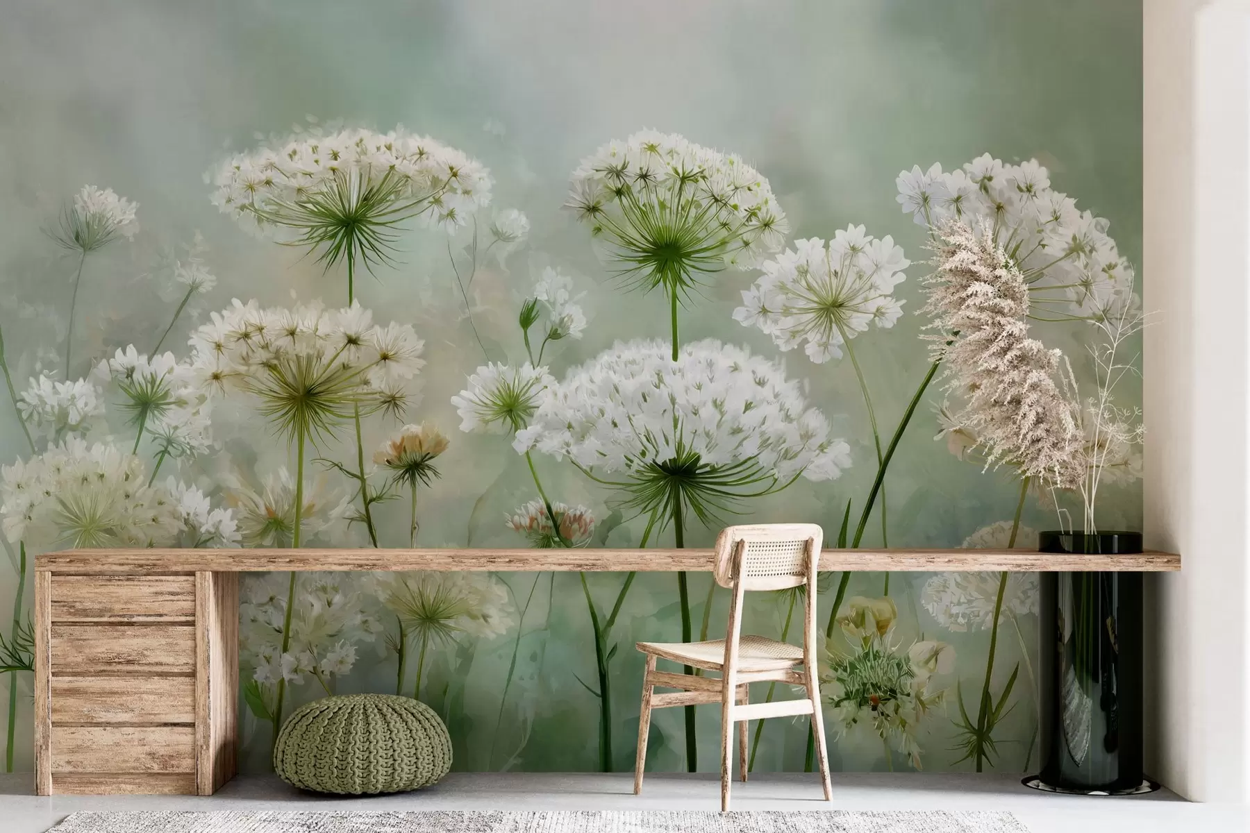 Fototapet skira vita vildblommor Queen Anne, i en pittoresk stil, gröna toner w04313