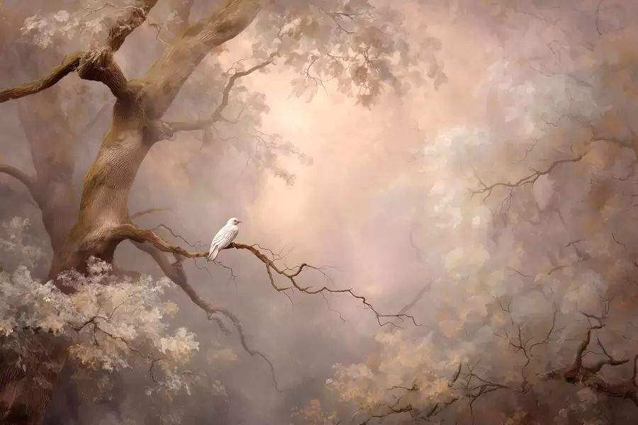 Fototapet mystisk skog med vit fågel w04314