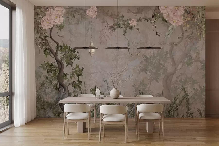 Fototapet Sagoträdgård med blommor, träd och lykta w04416