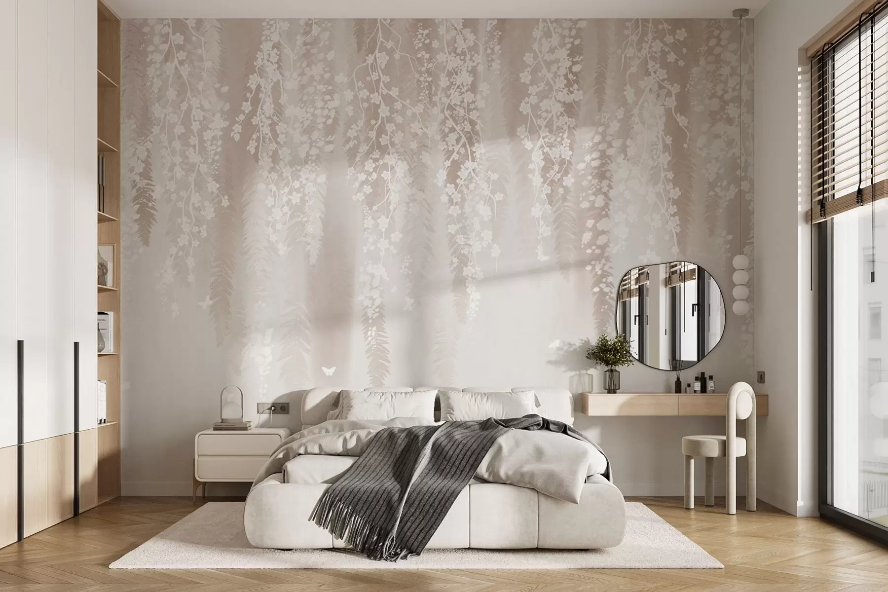 Fototapet Ljusa grenar med vita blommor på en mild bakgrund w04417