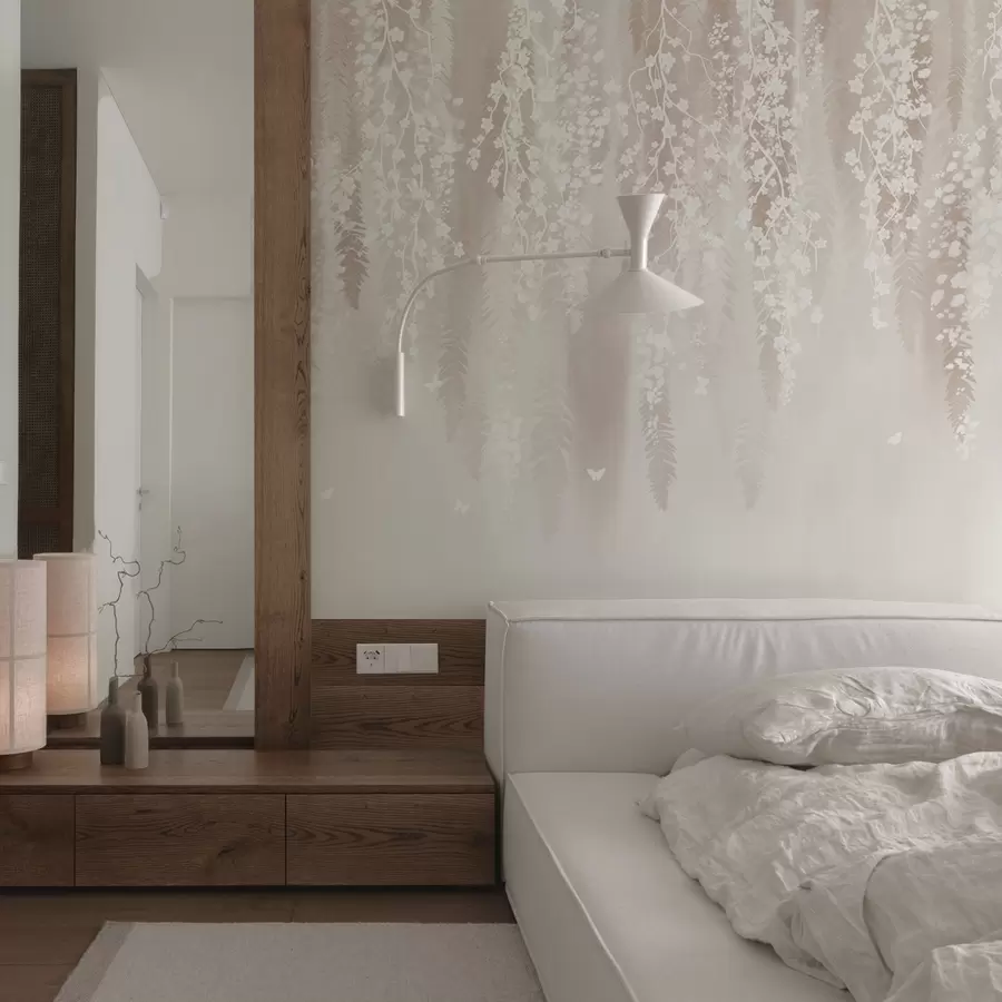 Fototapet Ljusa grenar med vita blommor på en mild bakgrund w04417