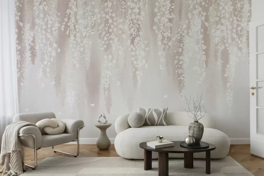 Fototapet Ljusa grenar med vita blommor på en mild bakgrund w04417