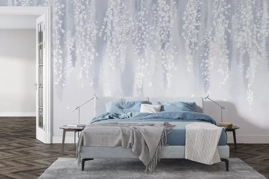 Fototapet Cool blå version av grenar med vita blommor w04417v2