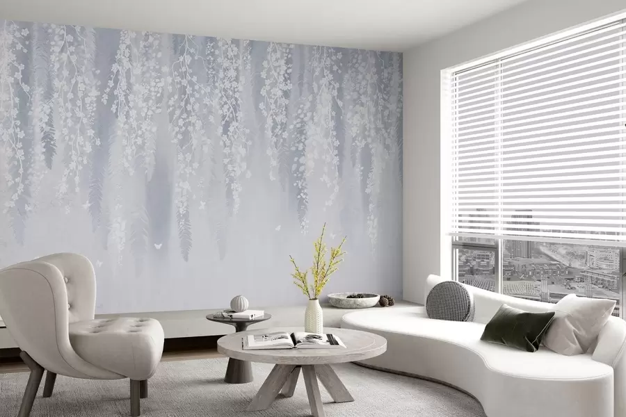 Fototapet Cool blå version av grenar med vita blommor w04417v2