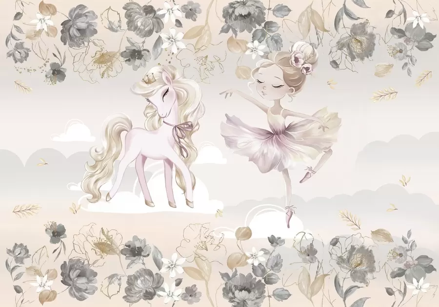 Fototapet Snövit ponny och ballerina bland blommor och moln w04419
