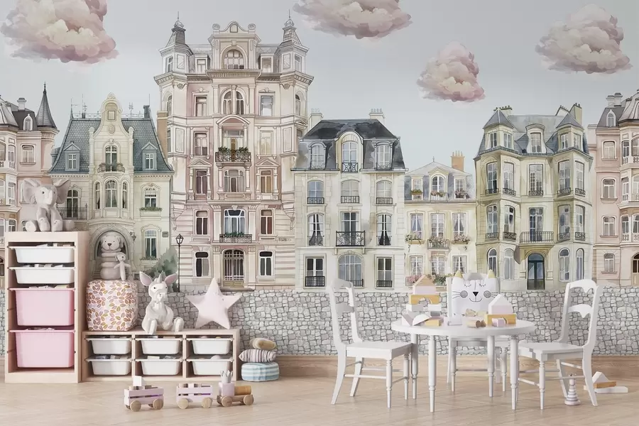 Fototapet Färgglada hus, moln w04474v1