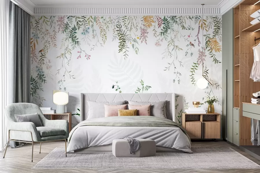 Fototapet Botanisk illustration med ormbunkar, gräs och hängande växter, pastellfärger, på vit bakgrund akvarell texturerad stil w09364