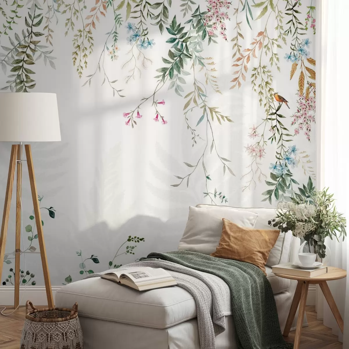 Fototapet Botanisk illustration med ormbunkar, gräs och hängande växter, pastellfärger, på vit bakgrund akvarell texturerad stil w09364