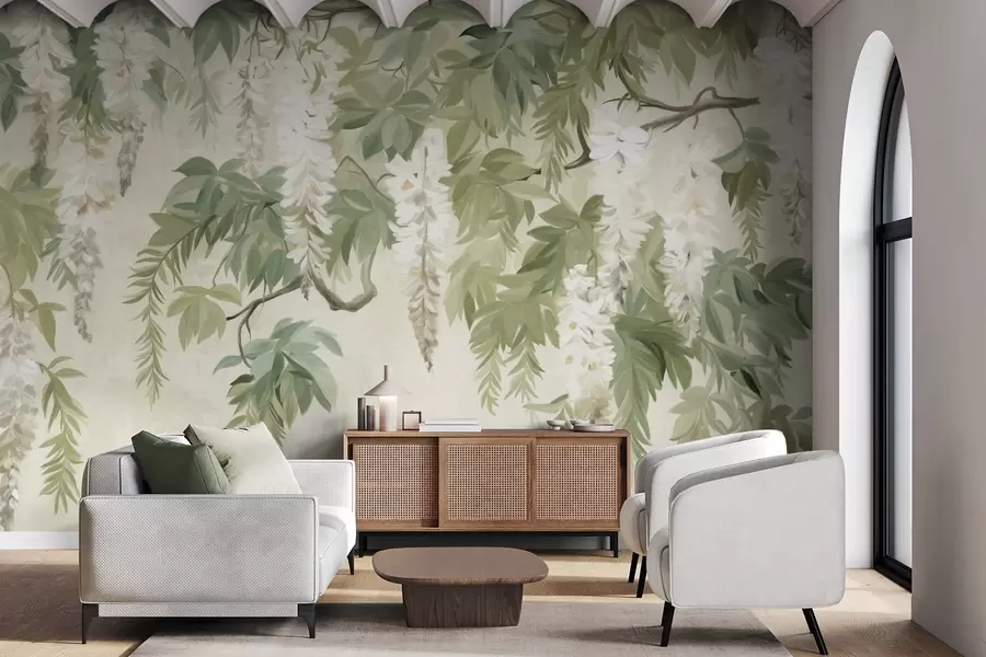Fototapet Blåregn med vita blommor och gröna blad, grön bakgrund, texturerad vintage målningsstil w09375