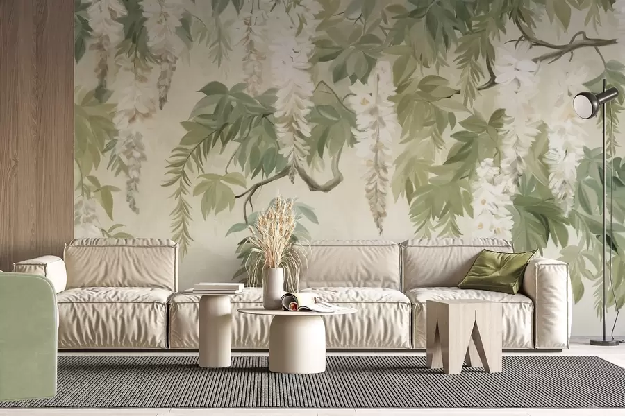 Fototapet Blåregn med vita blommor och gröna blad, grön bakgrund, texturerad vintage målningsstil w09375