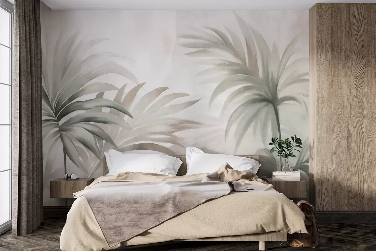 Fototapet Palmträd med texturerade blad i neutrala färger, beige abstrakt bakgrund, mjuka penseldrag, tropiskt texturerat lövverk w09380