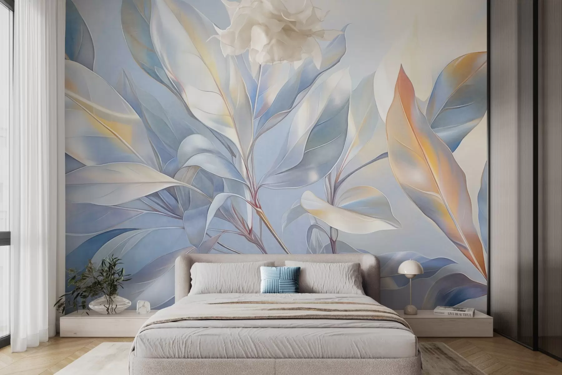 Fototapet Magnoliablad med vita och blå toner, mjuk belysning, elegant komposition, detaljerade bladnerver, konstnärliga penseldrag w09385