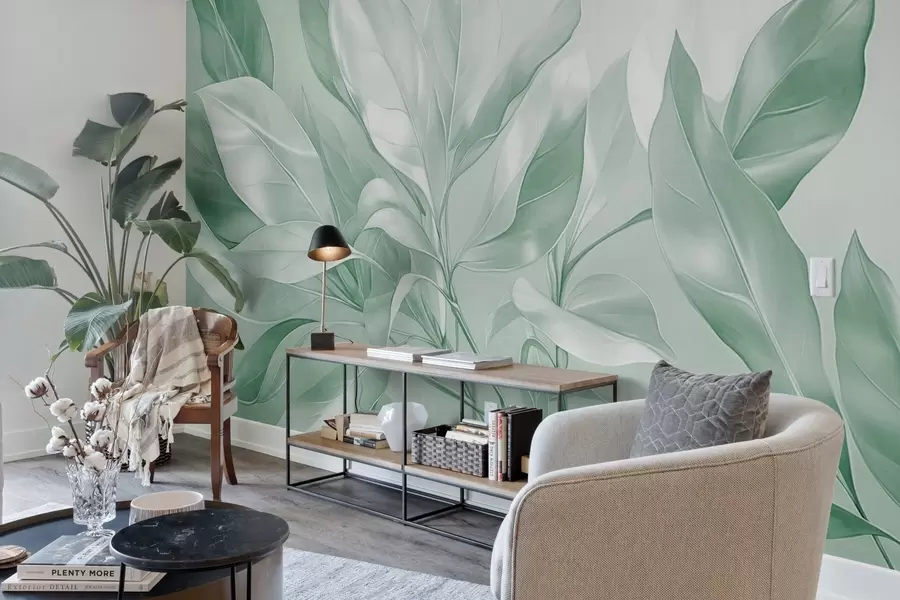 Fototapet Magnoliablad med vita och gröna toner, mjuk belysning, elegant komposition, detaljerade bladnerver, konstnärliga penseldrag w09385v1