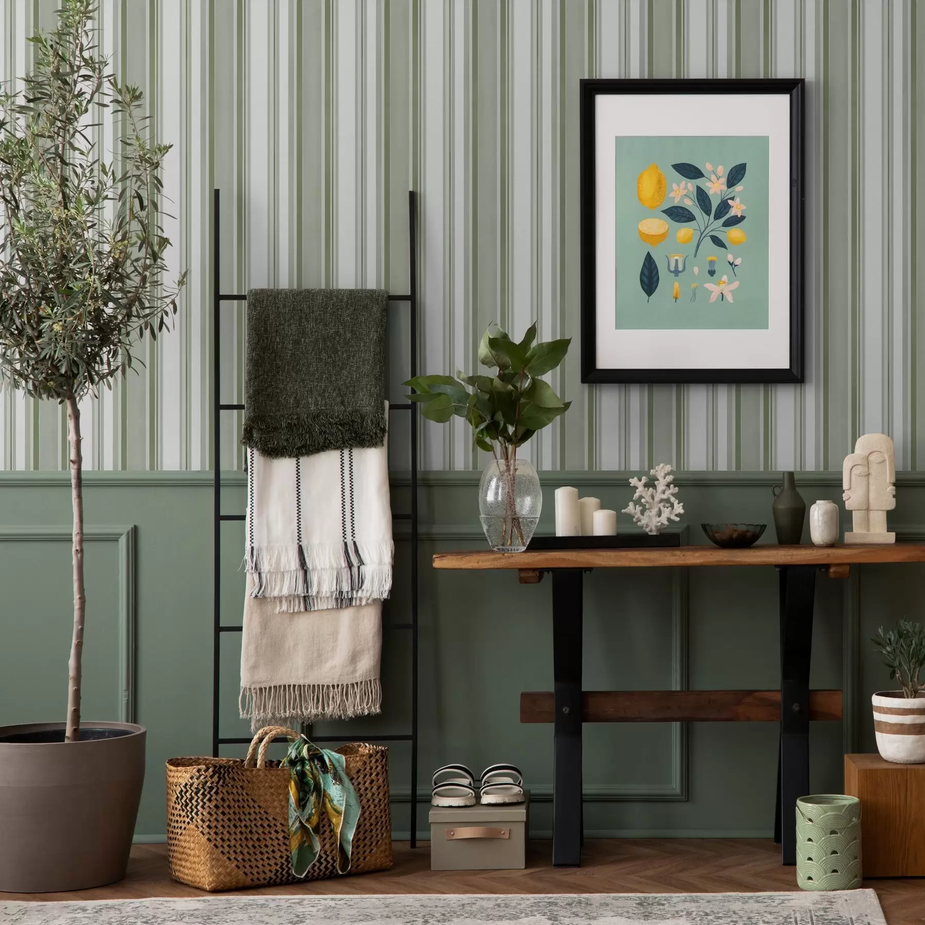 Fototapet Gröna ränder med vita intervaller och tunna linjer a00526