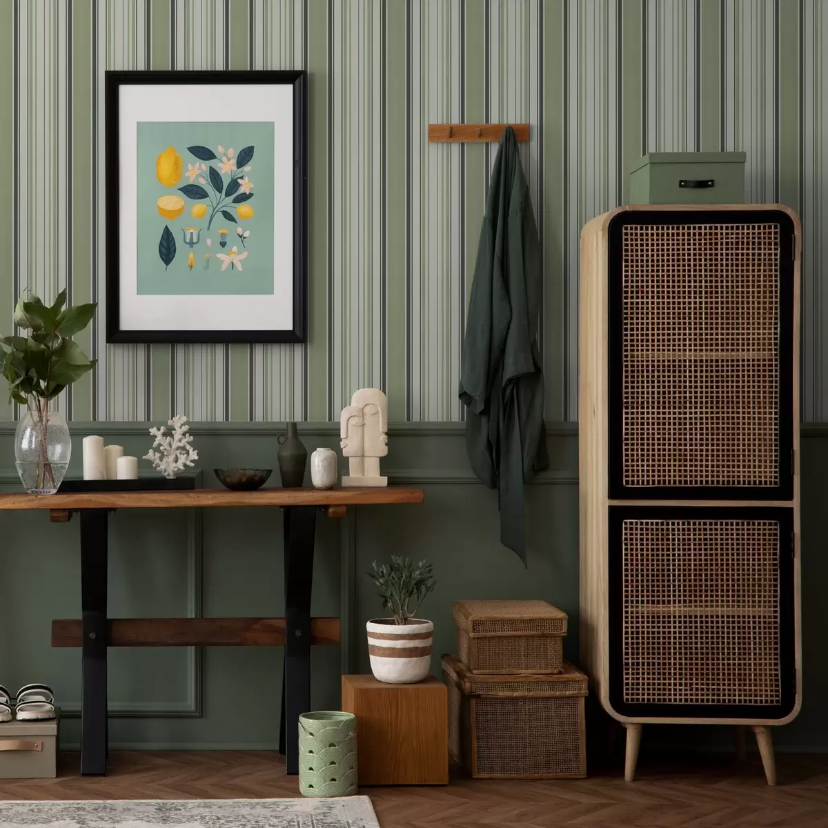 Bakgrund Krämfärgad bakgrund med en blandning av gröna och svarta ränder a00563