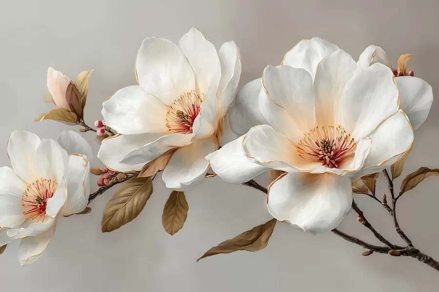 Fototapet Fina blommor på en gren i pastellfärger med orange mitt w09299