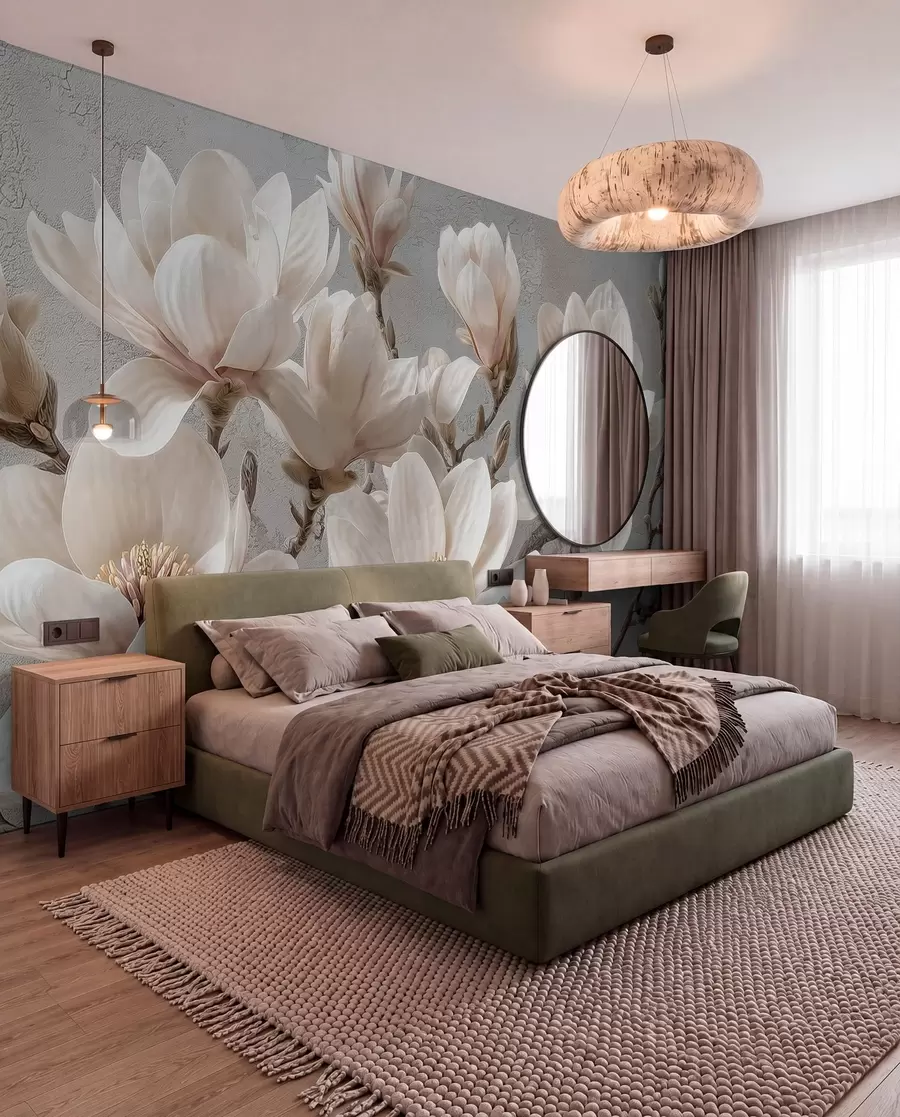 Fototapet Magnoliagrenar med stora ljusa blommor i dämpade toner w09305
