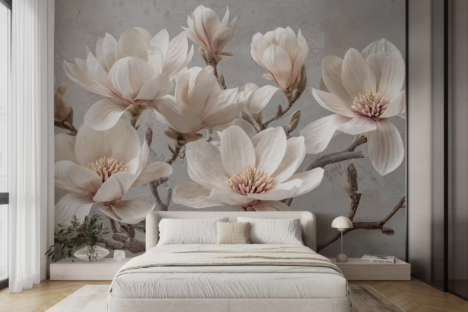 Fototapet Magnoliagrenar med stora ljusa blommor i dämpade toner w09305