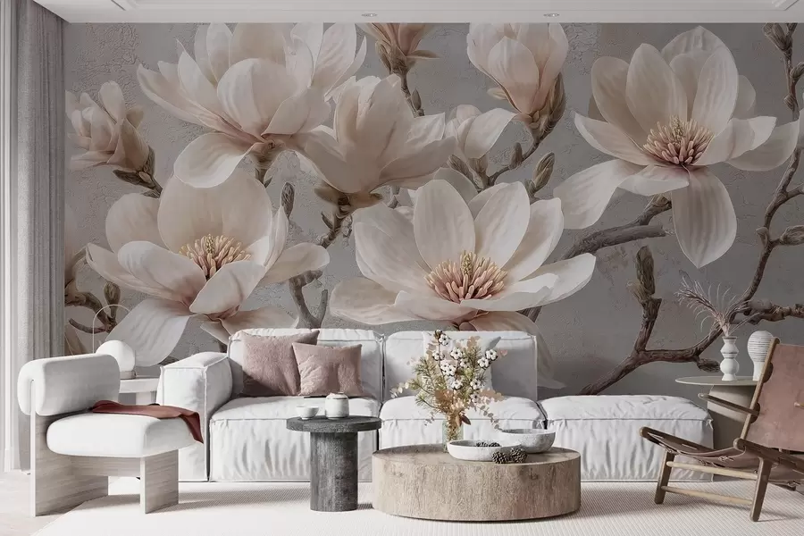 Fototapet Magnoliagrenar med stora ljusa blommor i dämpade toner w09305