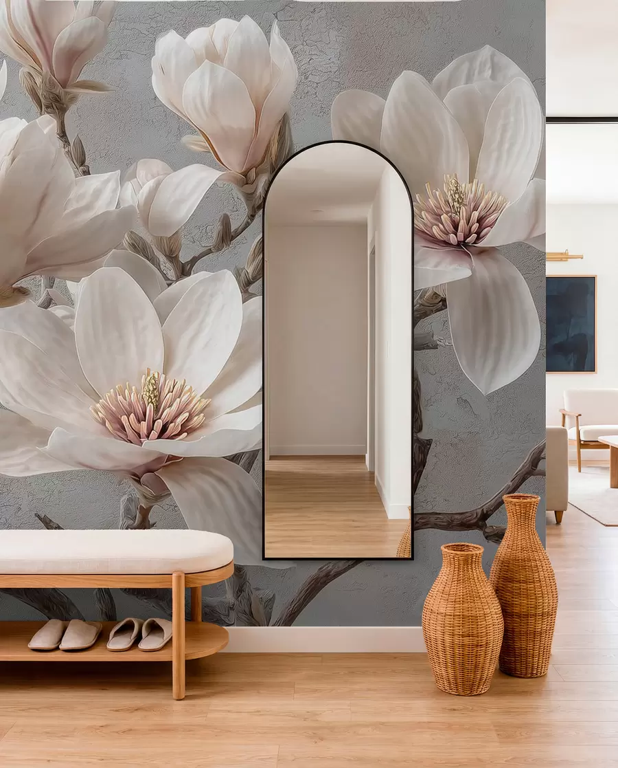Fototapet Magnoliagrenar med stora ljusa blommor i dämpade toner w09305
