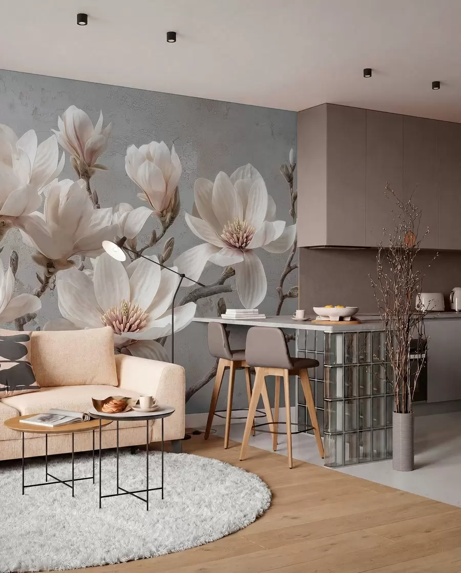 Fototapet Magnoliagrenar med stora ljusa blommor i dämpade toner w09305