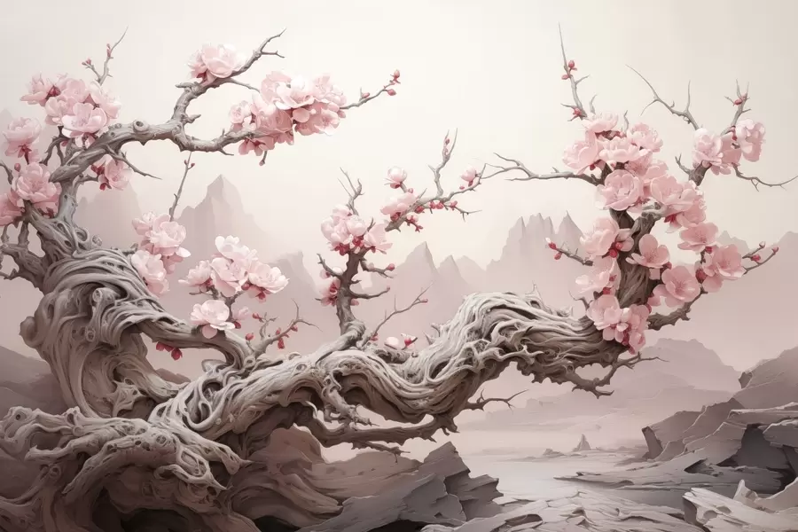 Fototapet Tvinnade trädstammar med blommande rosa sakura w09388