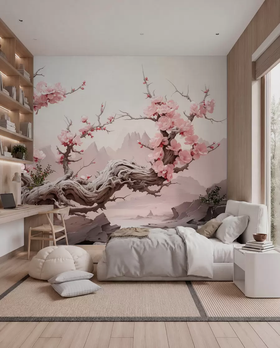Fototapet Tvinnade trädstammar med blommande rosa sakura w09388