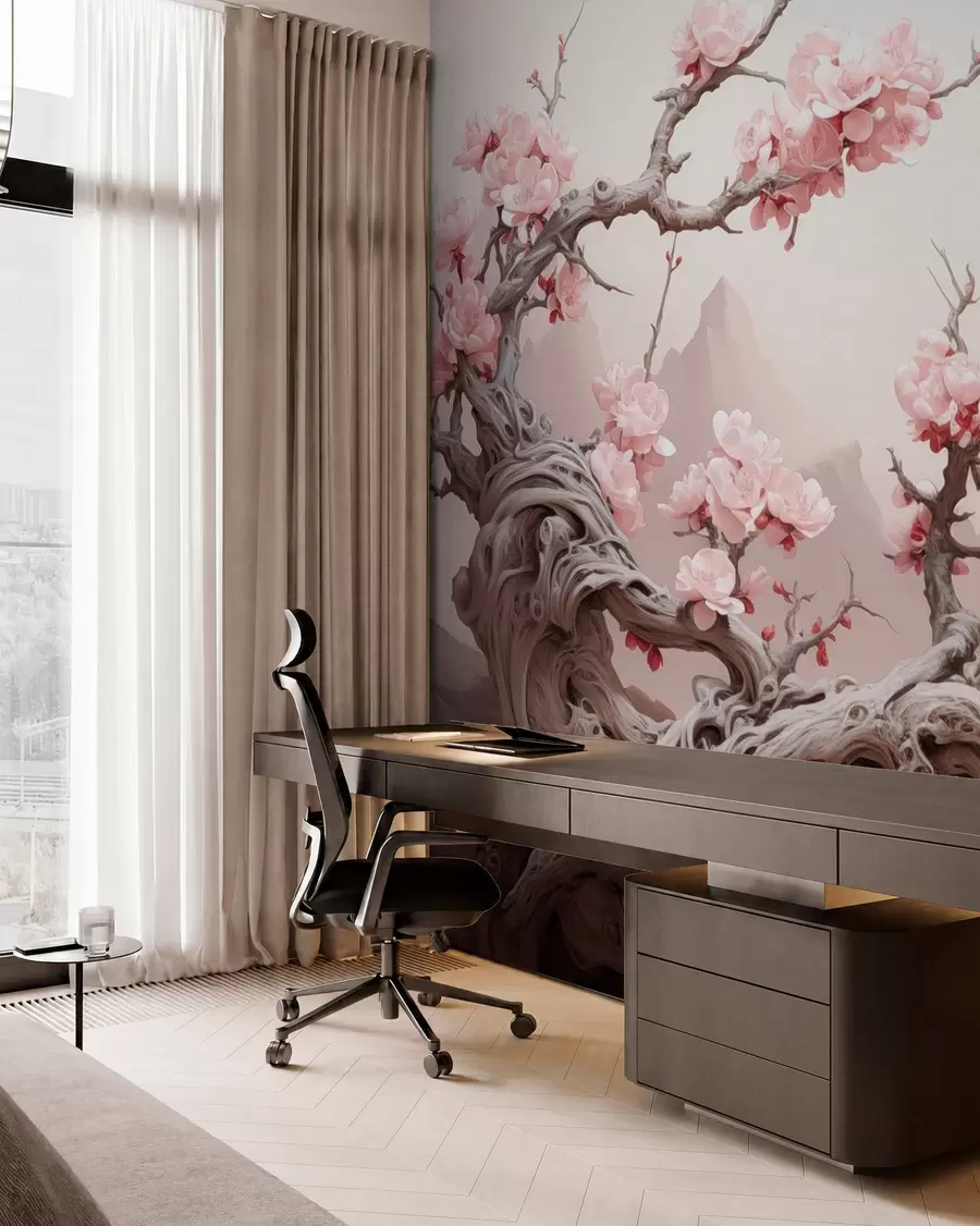 Fototapet Tvinnade trädstammar med blommande rosa sakura w09388
