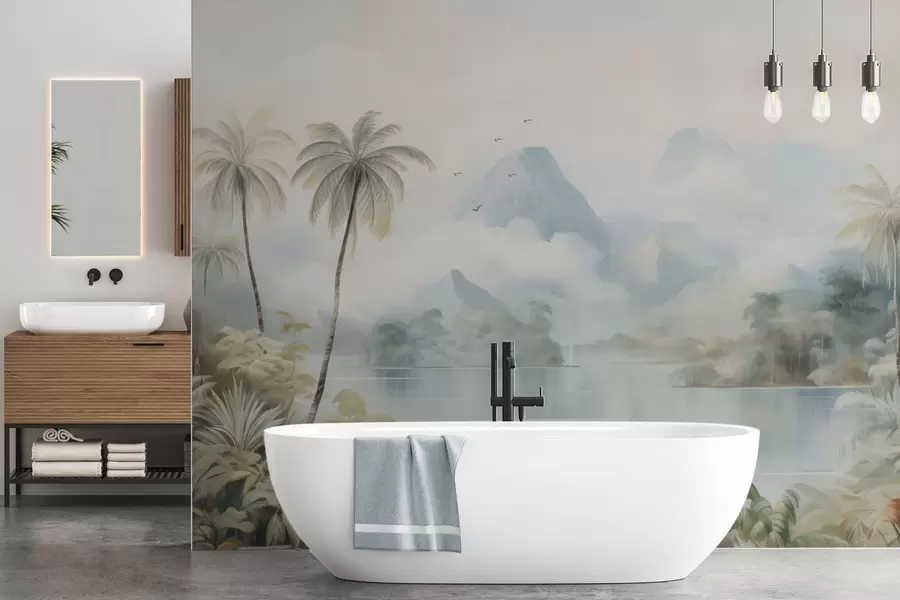 Fototapet Flod i djungeln nära bergen w04536