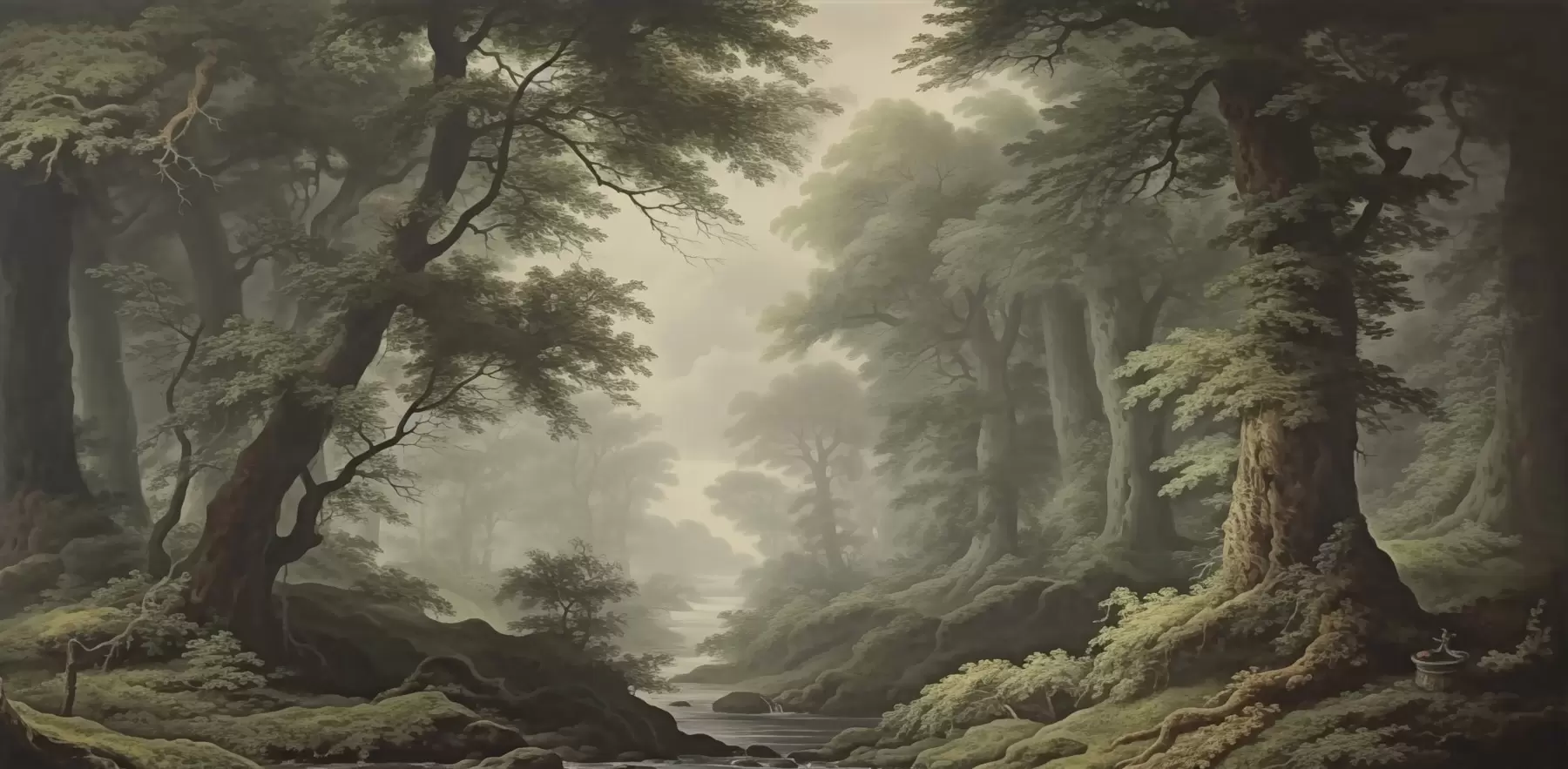 Fototapet Dimskog med flod och höga gamla träd w04555